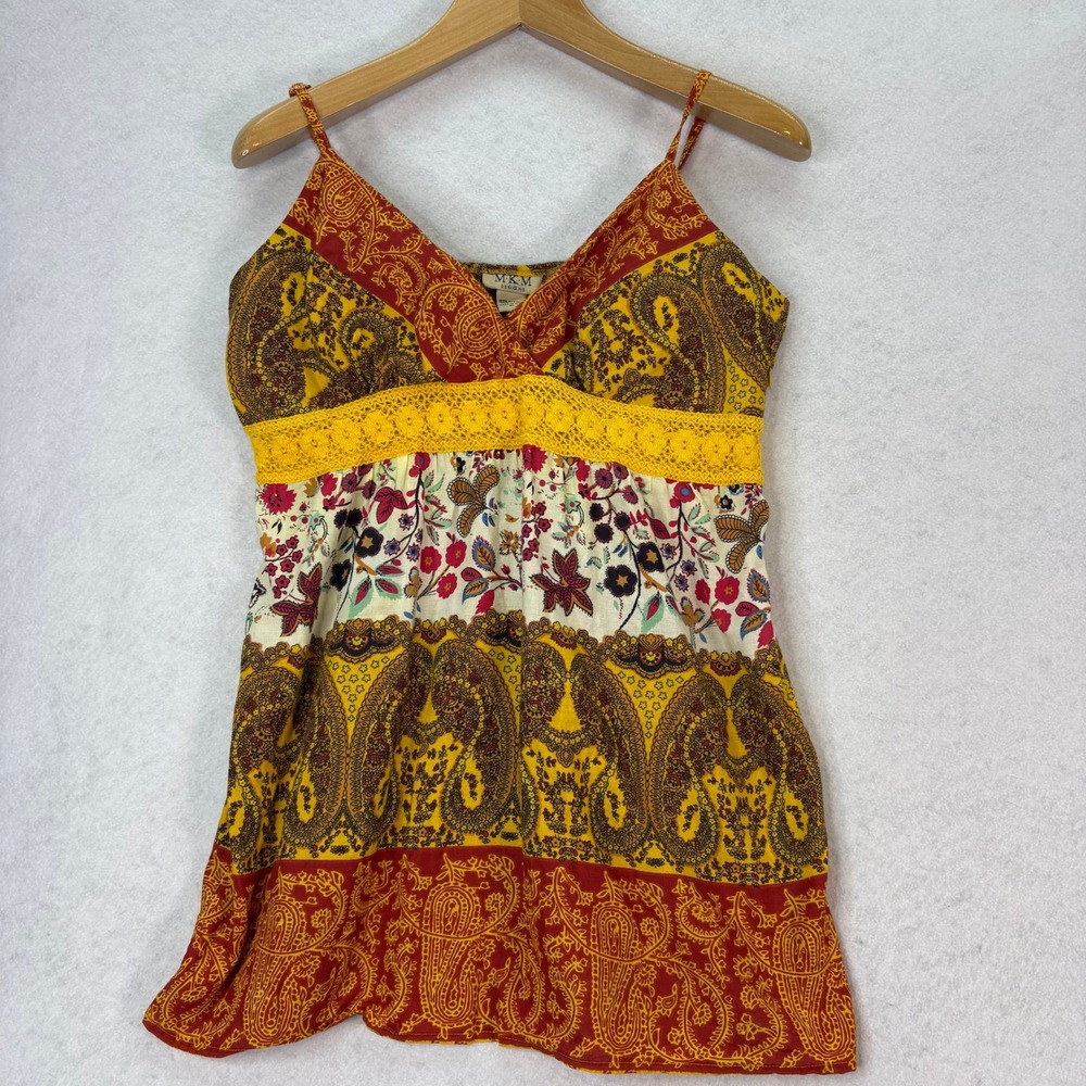 Vtg MKM Designs Multicolor Paisley Floral Crochet Trim Cami Top Sz XL Boho Indie